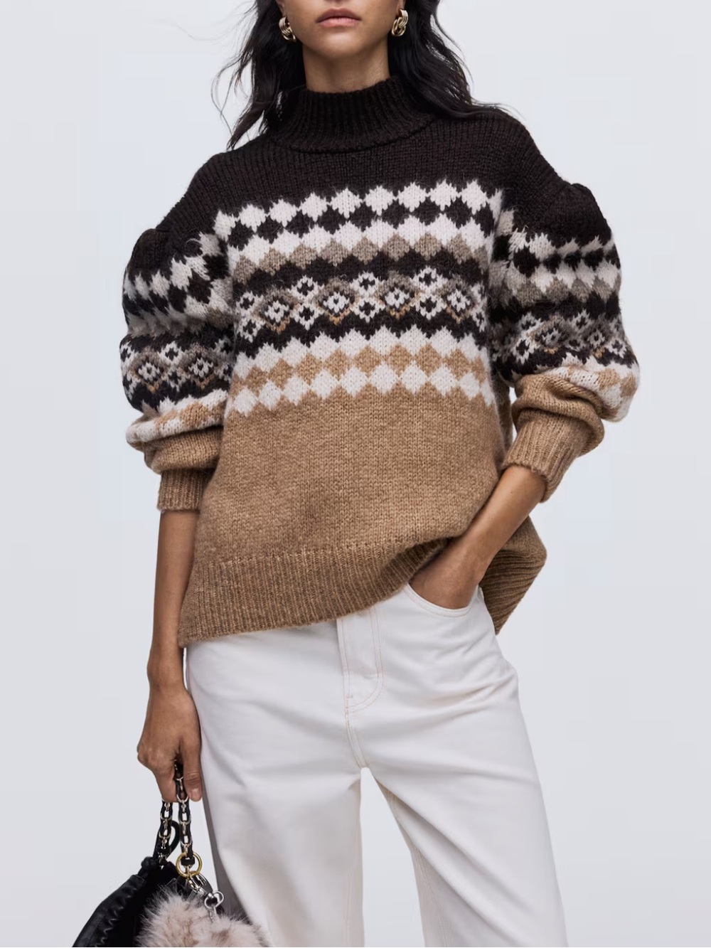 H&M Women's Fair Isle Turtleneck Sweater in Brown, Cream, Tan